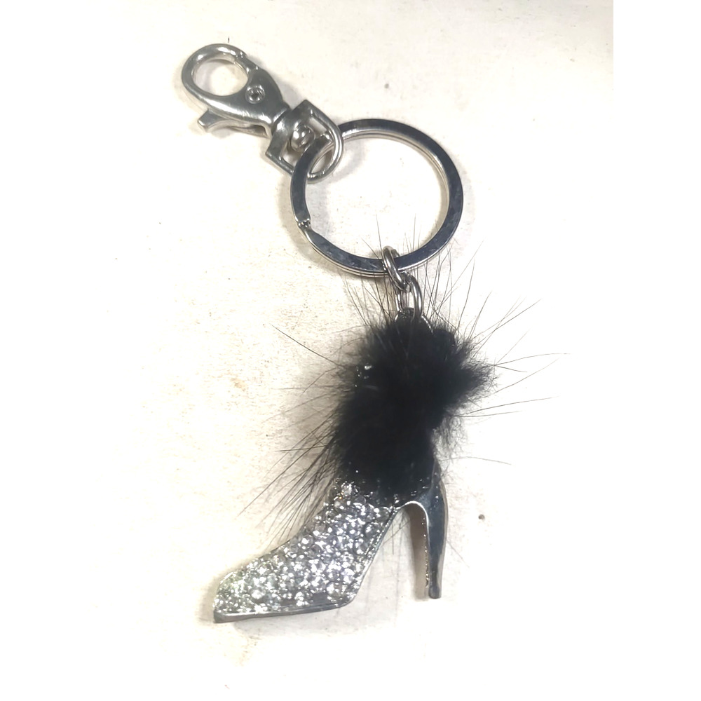 High Heel Fluffy Shoe Keychain Luggage Clip Rhinestone Silver Tone Faux Fur...
